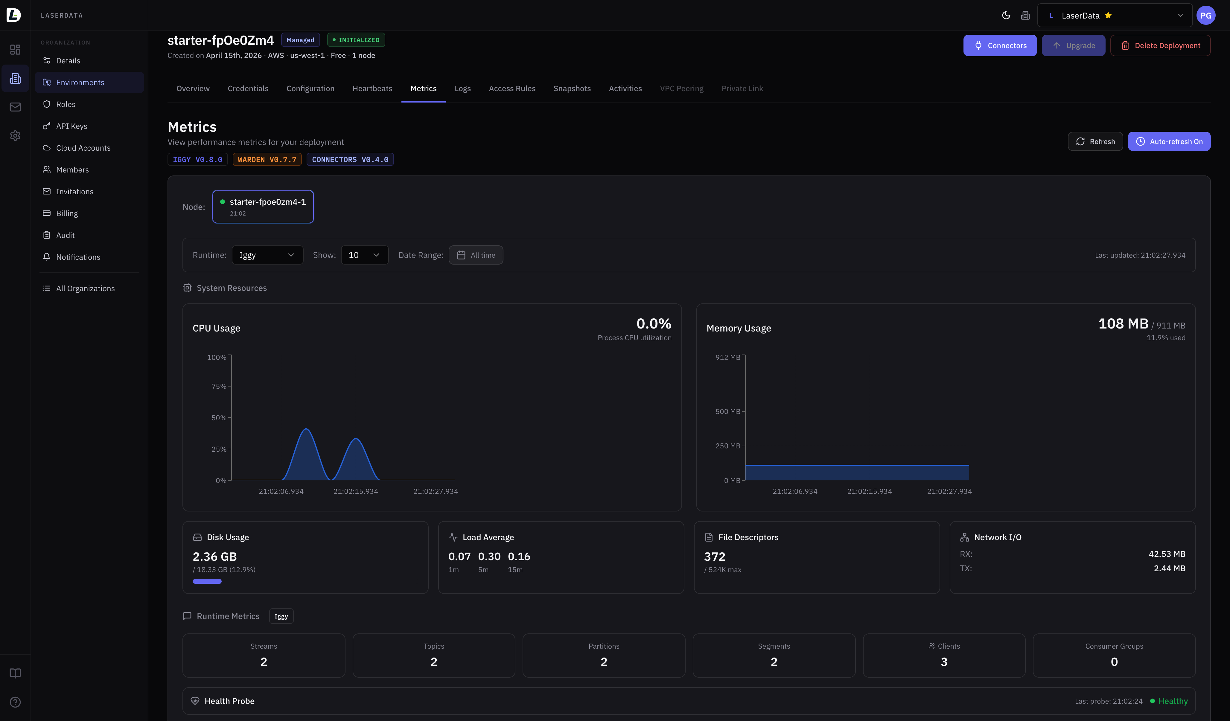 LaserData Console — fully managed web UI for organizations, environments, deployments, observability, and infrastructure management
