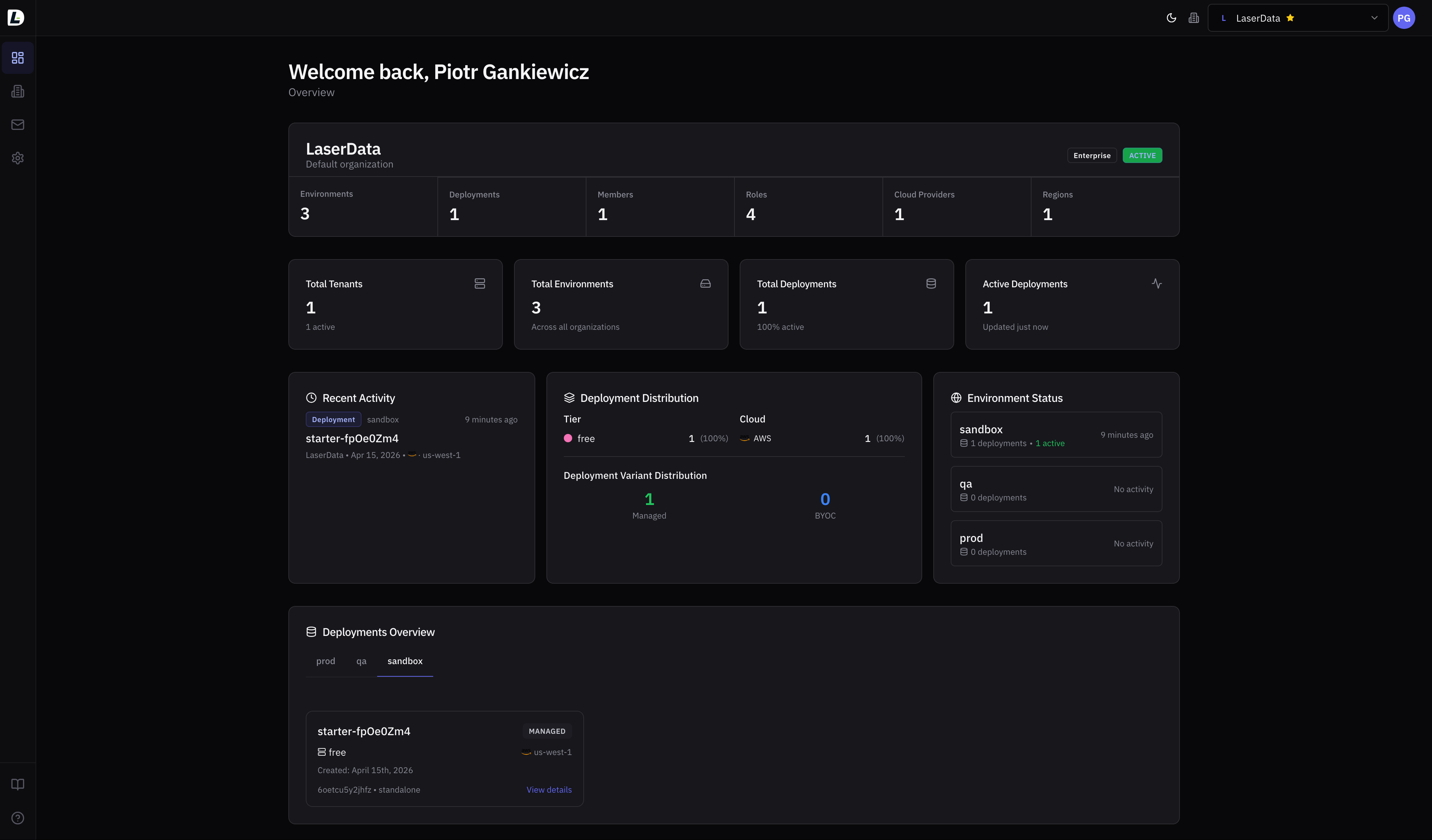 LaserData Console — fully managed web UI for organizations, environments, deployments, observability, and infrastructure management