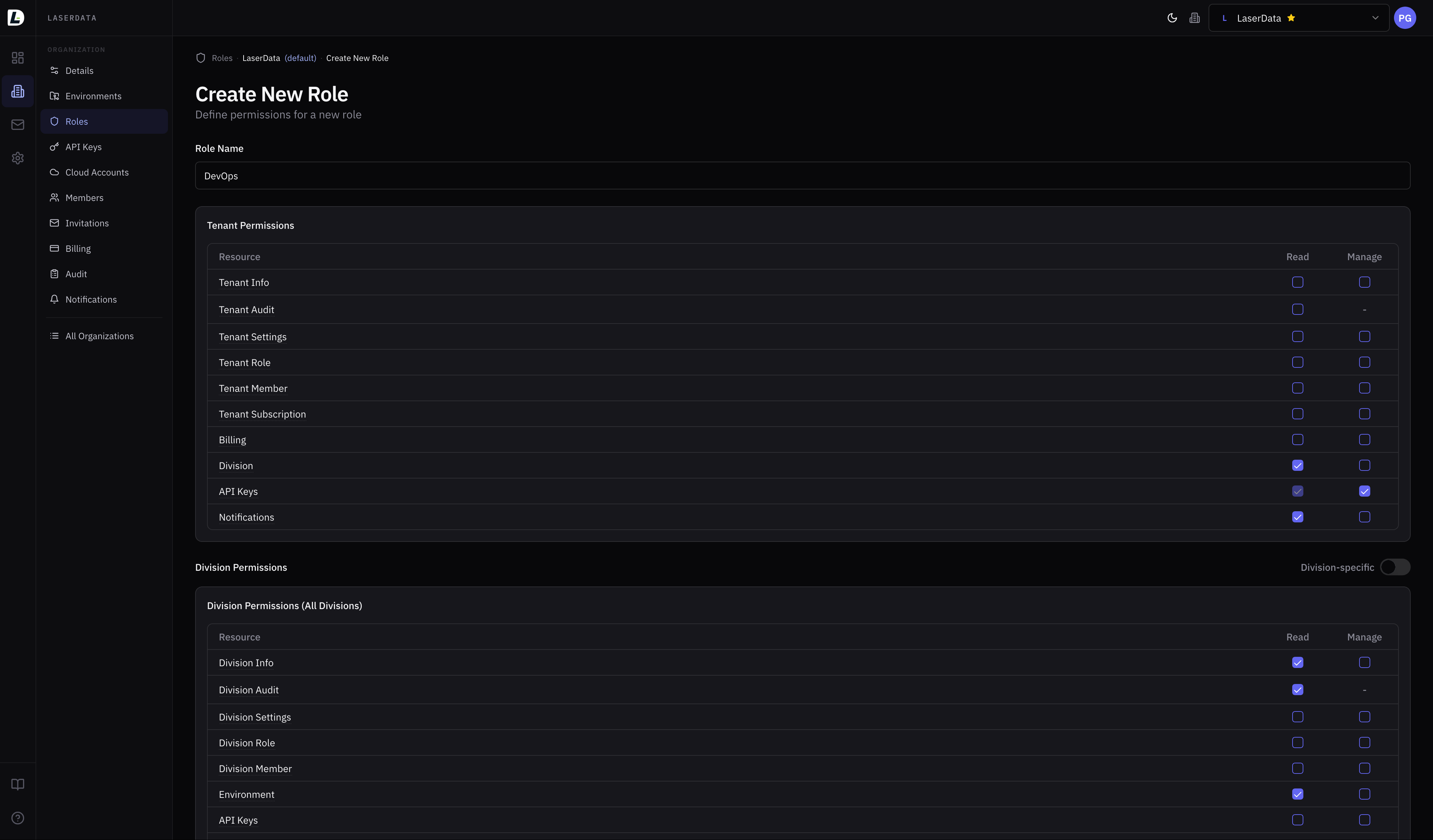 LaserData Console — fully managed web UI for organizations, environments, deployments, observability, and infrastructure management