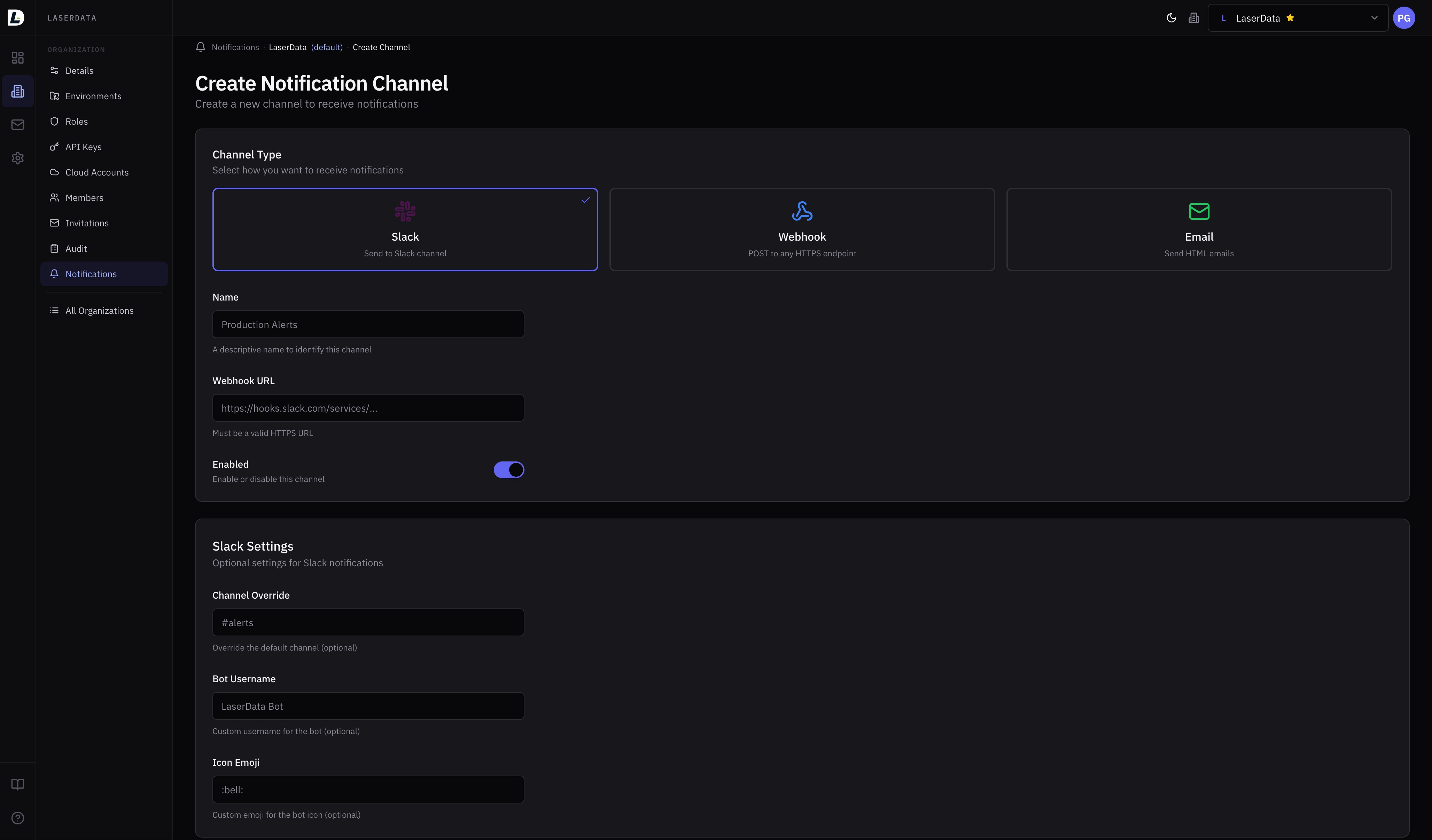 Console: Create Notification Channel — Slack, Webhook, Email options with channel settings