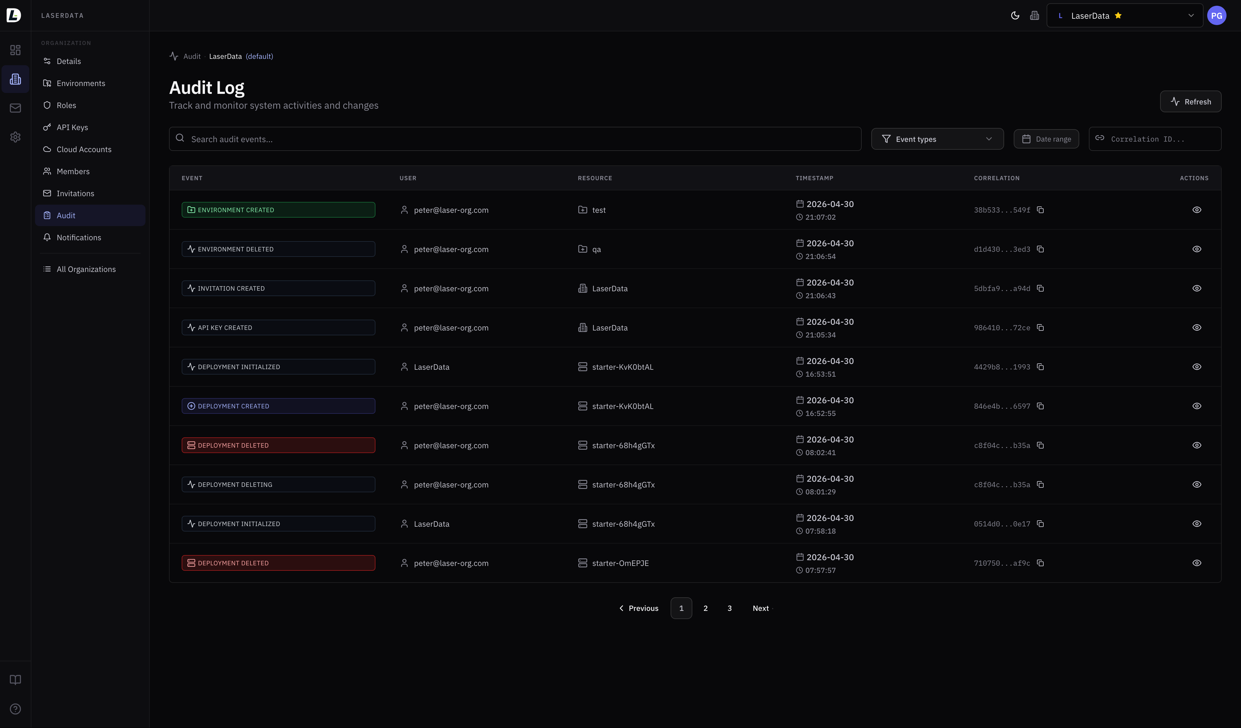 Console: Audit Log — environment, deployment, API key events with actor identity and correlation IDs