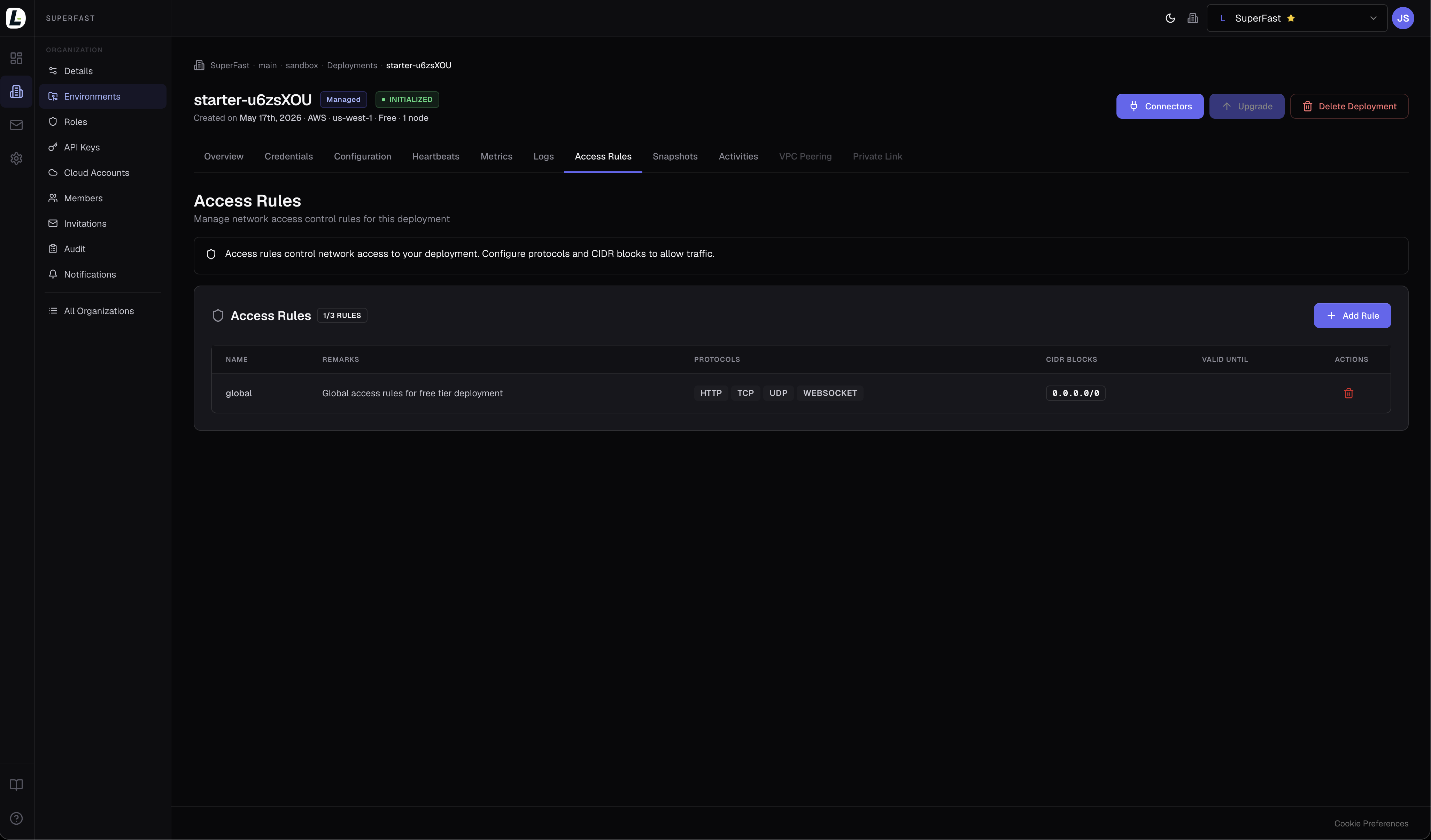 Deployment access rules tab showing a global rule across HTTP, TCP and WebSocket