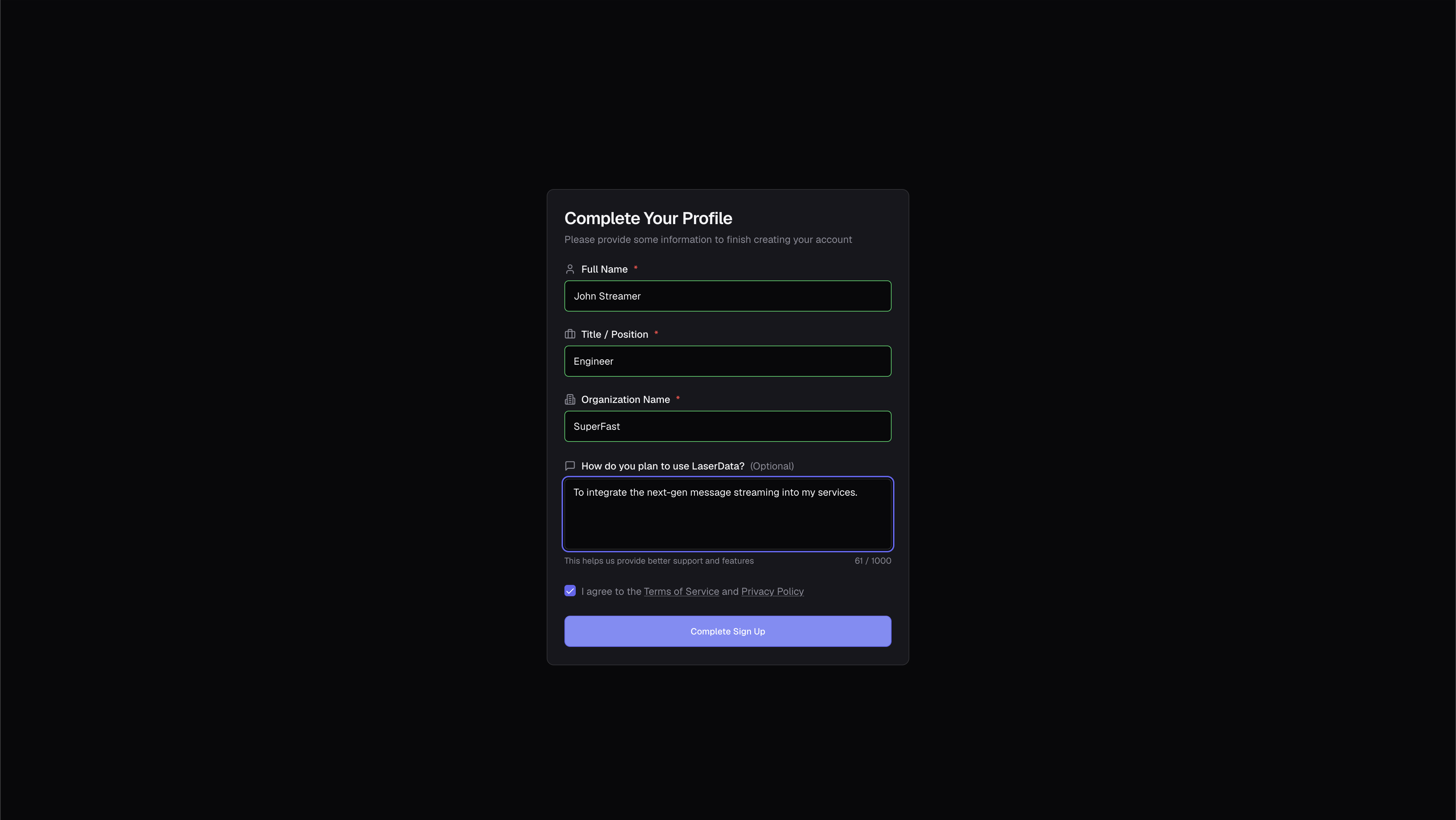 Complete Your Profile form: full name, title, organization, intended use