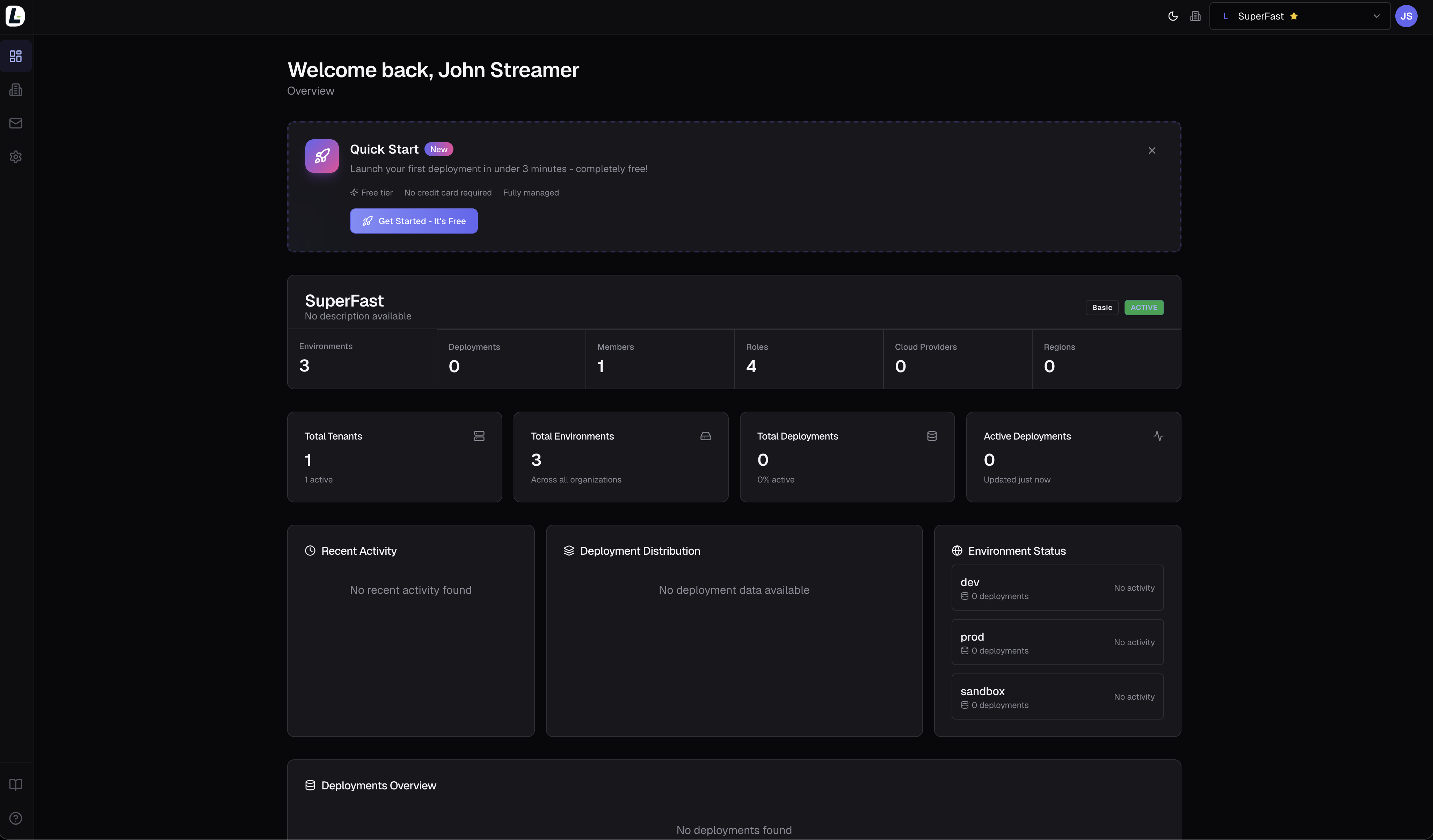 LaserData Console organization dashboard with the Quick Start CTA card