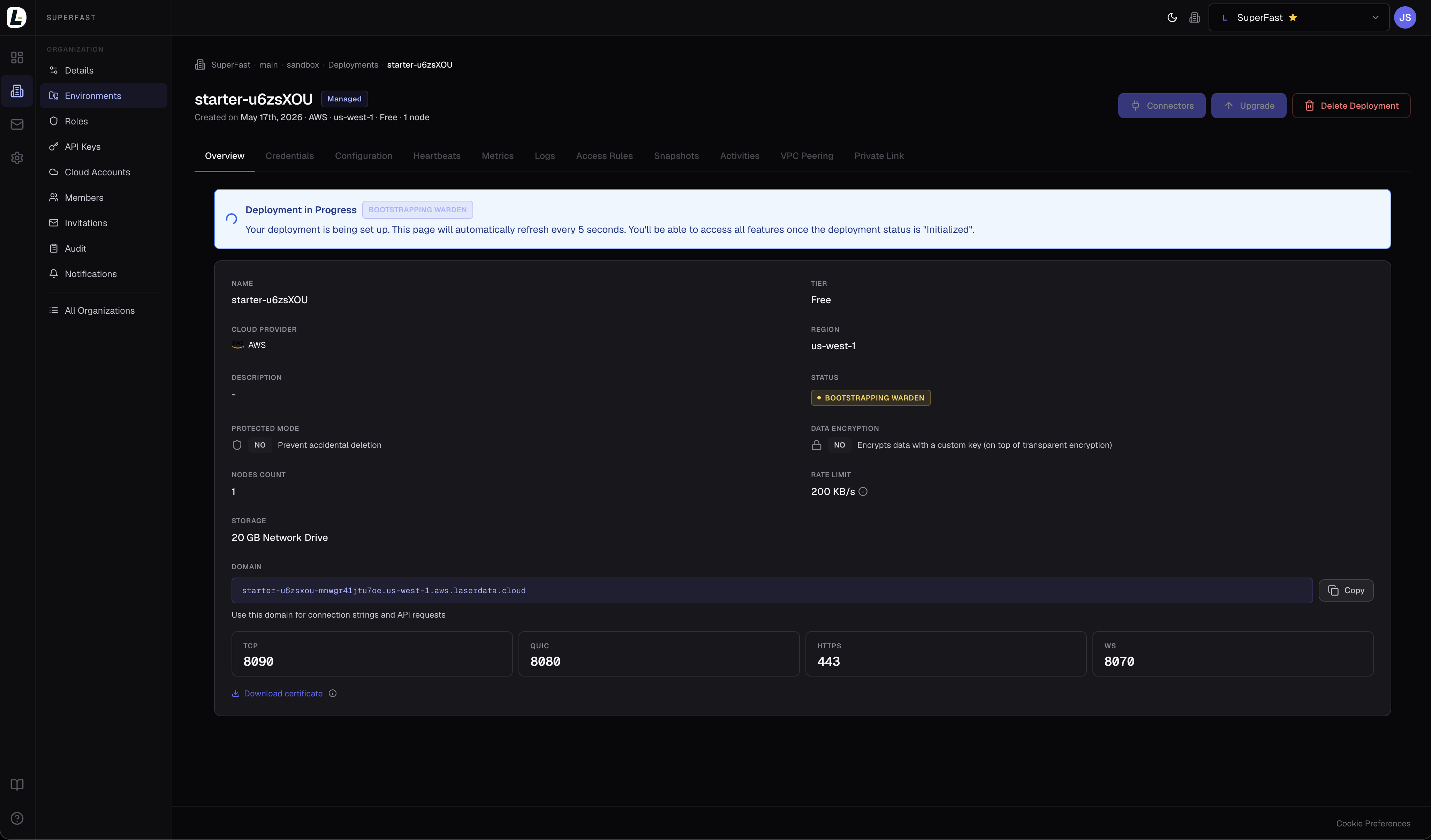 Deployment overview page showing the deployment in INITIALIZING state