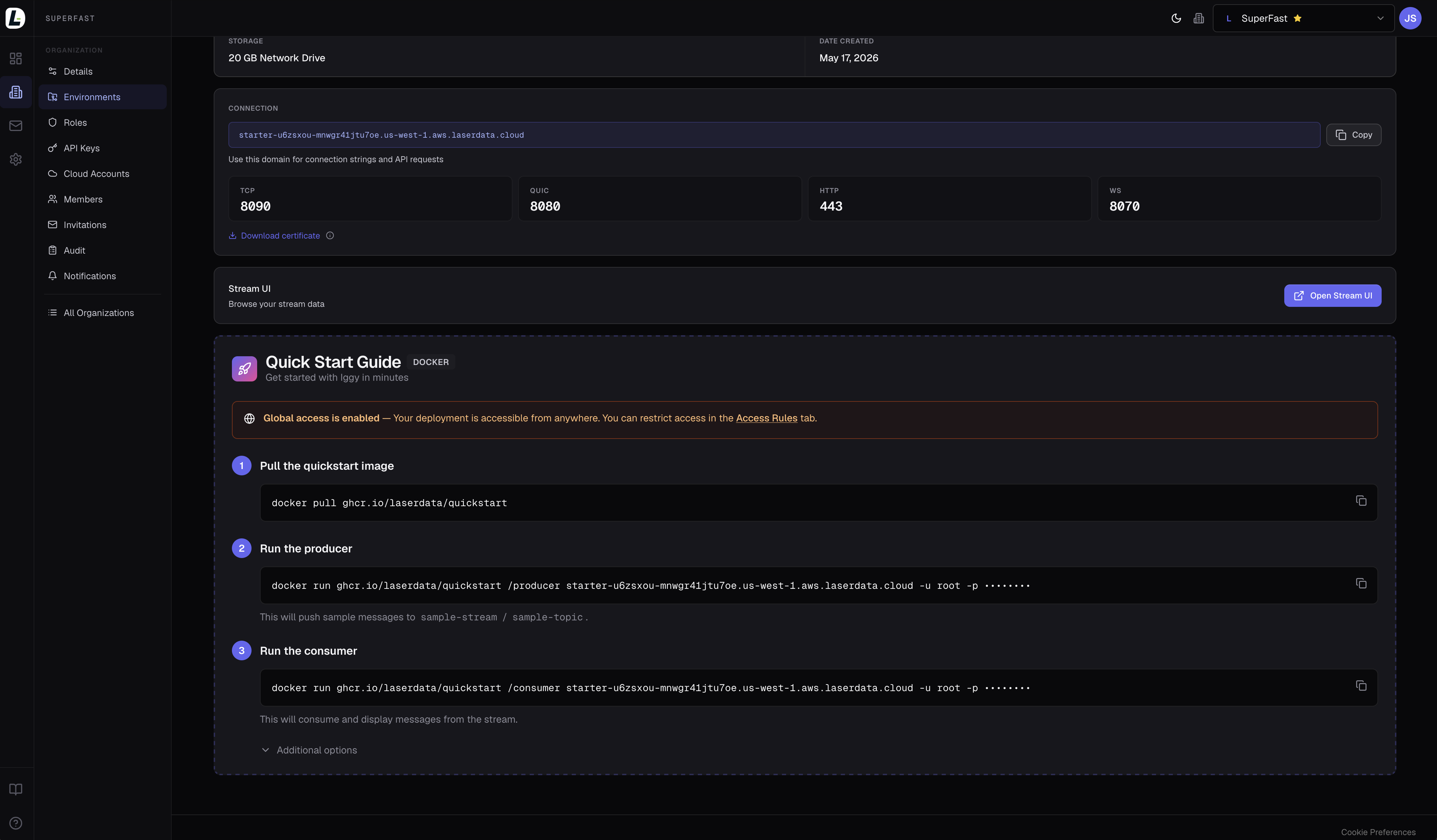 Docker quick start guide inside the deployment with sample producer and consumer apps