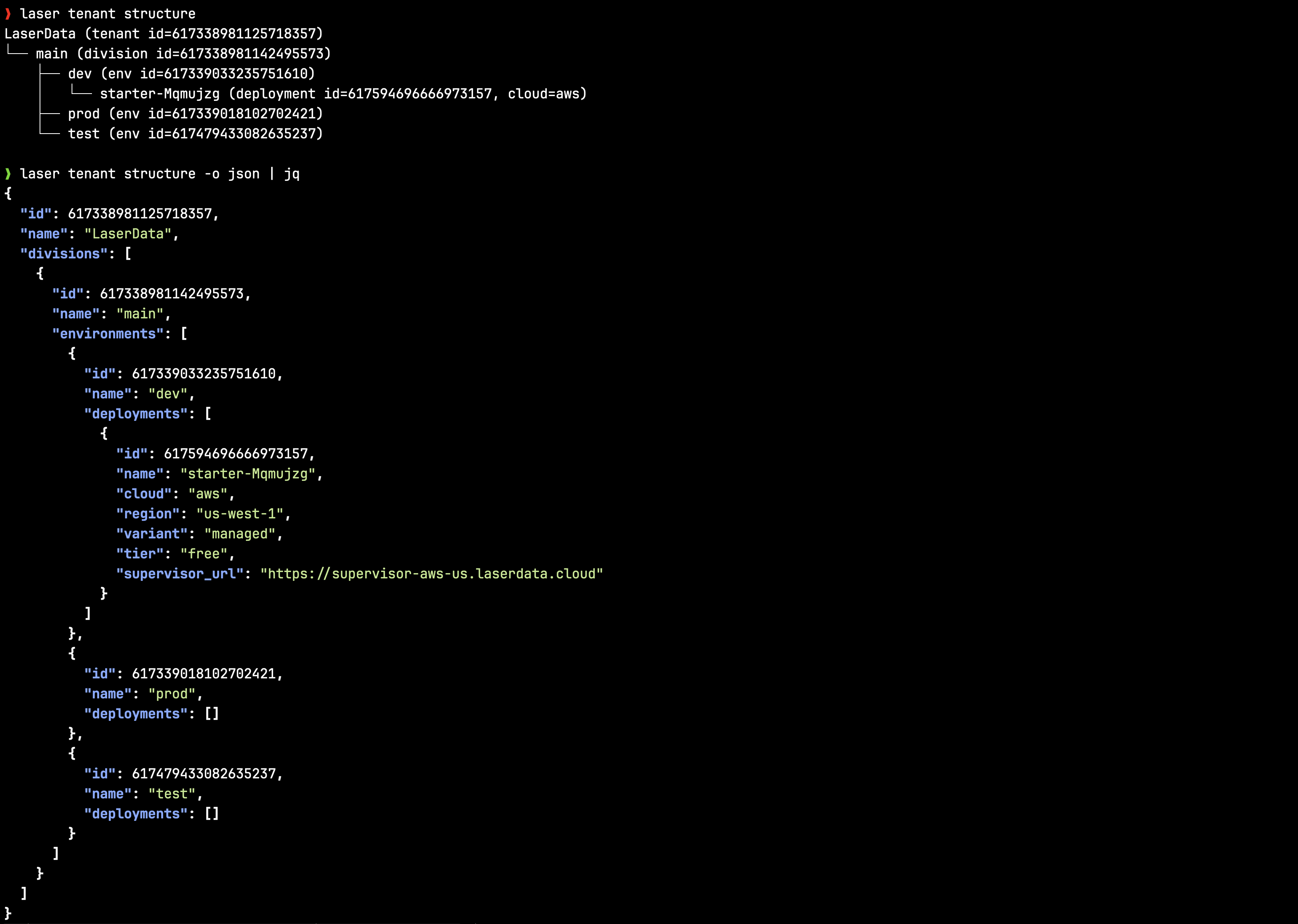 laser CLI tenant structure rendered as JSON